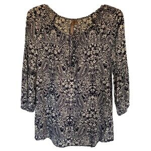 Bohemian Navy Printed Top Brina & Em Sz Sm Boho Hippie Festival 70’s Poet Sleeve